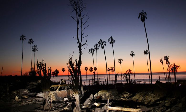 The devastation of the Palisades Fire is seen at sunset in the Pacific Palisades neighborhood