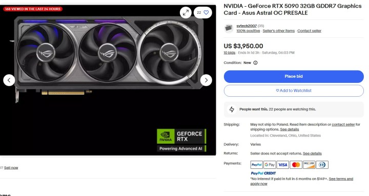 Nvidia's RTX 5090 up for sale on eBay.