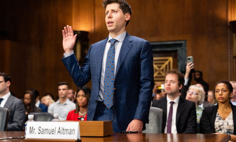 Sam Altman, chief executive officer and co-founder of OpenAI, swears in during a Senate Judiciary Subcommittee hearing in Washington, DC, US, on Tuesday, May 16, 2023. Congress is debating the potential and pitfalls of artificial intelligence as products like ChatGPT raise questions about the future of creative industries and the ability to tell fact from fiction. Photographer: Eric Lee/Bloomberg via Getty Images