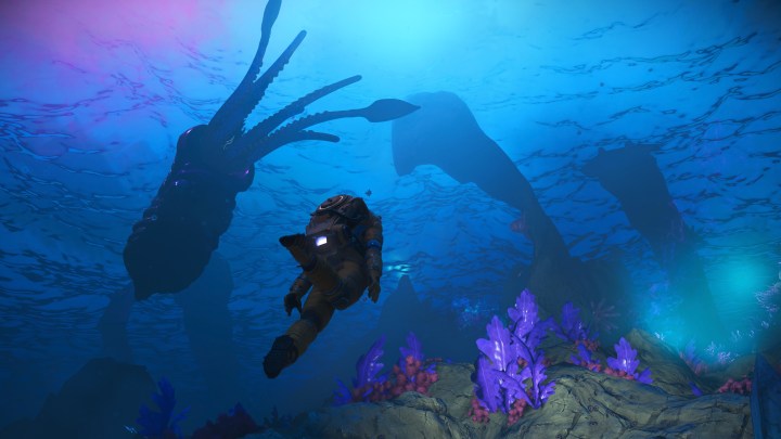 A player exploring an ocean in No Man's Sky.