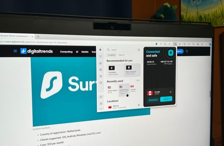 The Surfshark extension is running in the Edge browser on a PC monitor.