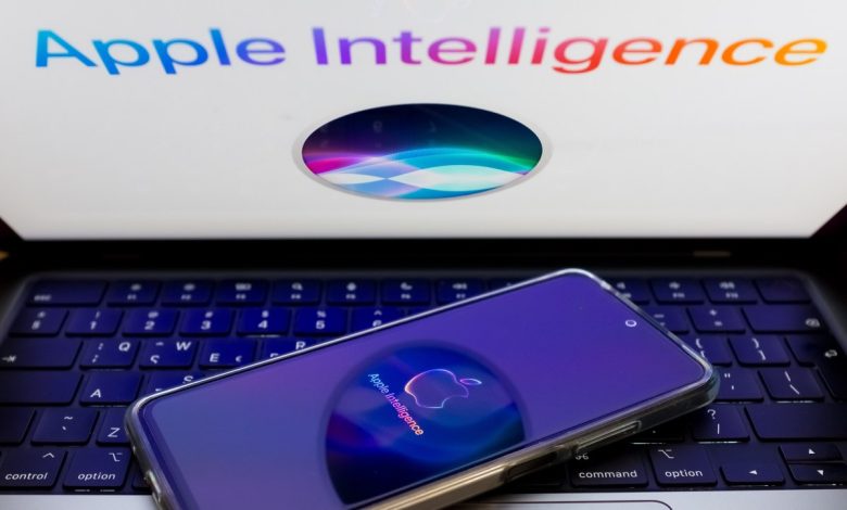 The Apple Siri and Apple Intelligence are being displayed on a smartphone screen and in the background.