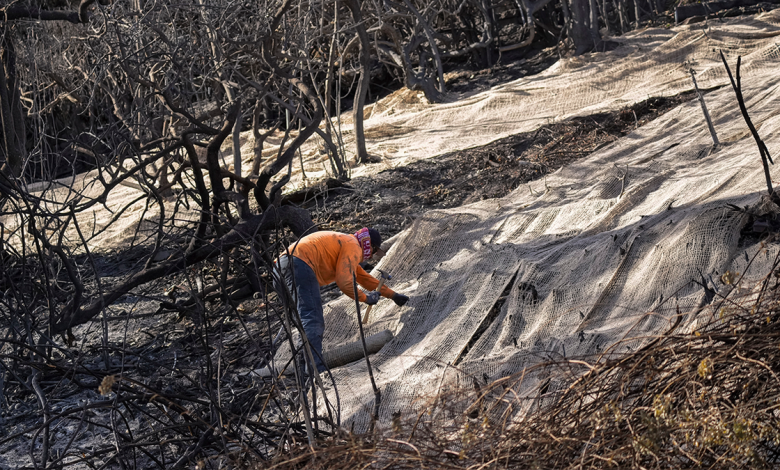 Workers secure a net to prevent mudslides