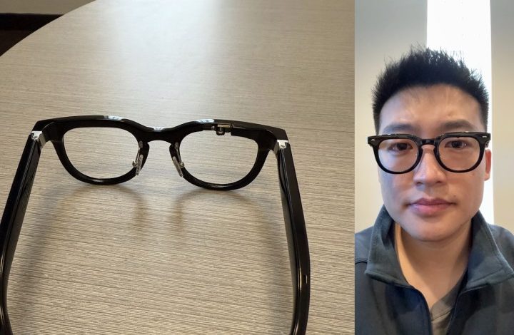 A photo of the Halliday AI Glasses, and company co-founder wearing them.