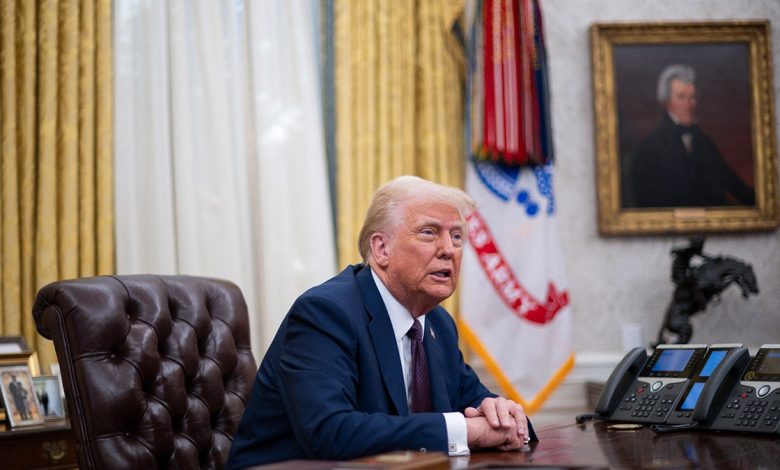 President Donald Trump speaks to the media after signing executive orders in the Oval Office on Jan. 23, 2025.