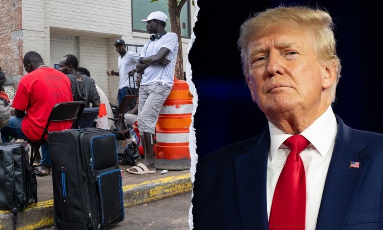 Migrants outside of two shelters in Brooklyn on July 24, 2024 in New York City and President Trump.