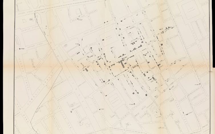 Scanned page of neighborhood map, with stacked black rectangles in various streets