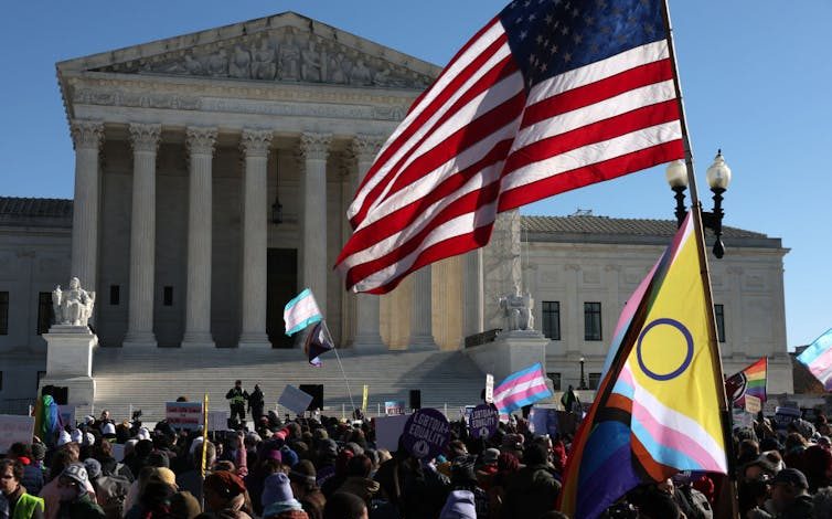 A crowd of protesters holding signs and flags before the steps of a majestic, columned, white building.