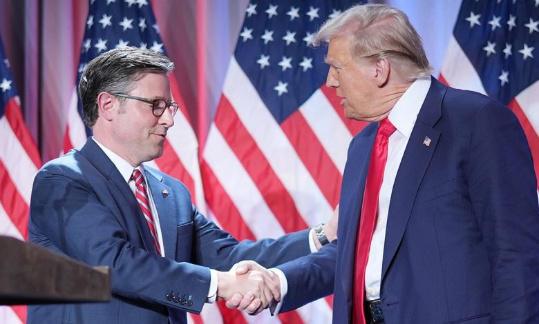 House Speaker Mike Johnson and President-elect Donald Trump shake hands