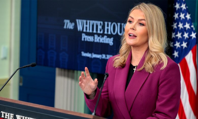 White House press secretary Karoline Leavitt speaks at her first press briefing.