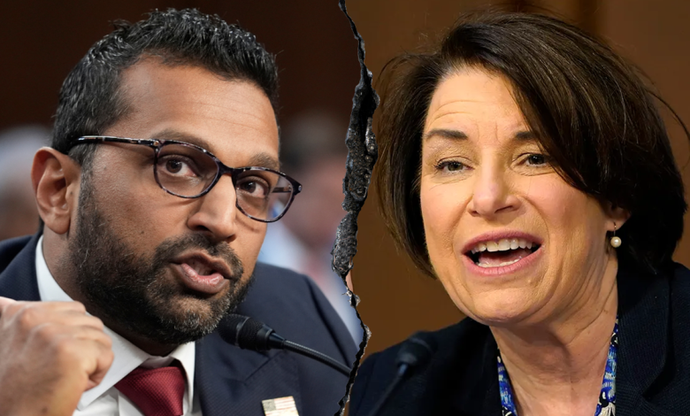 Kash Patel, left, and Amy Klobuchar, right 