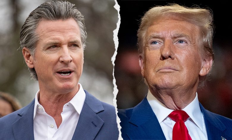 Newsom and Trump in left-right photo split