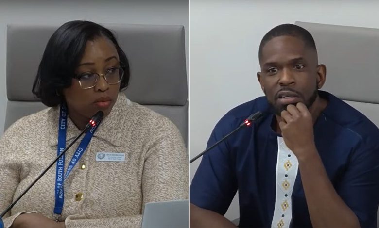 Helen Willis and Khalid Kamau side by side during city council meeting