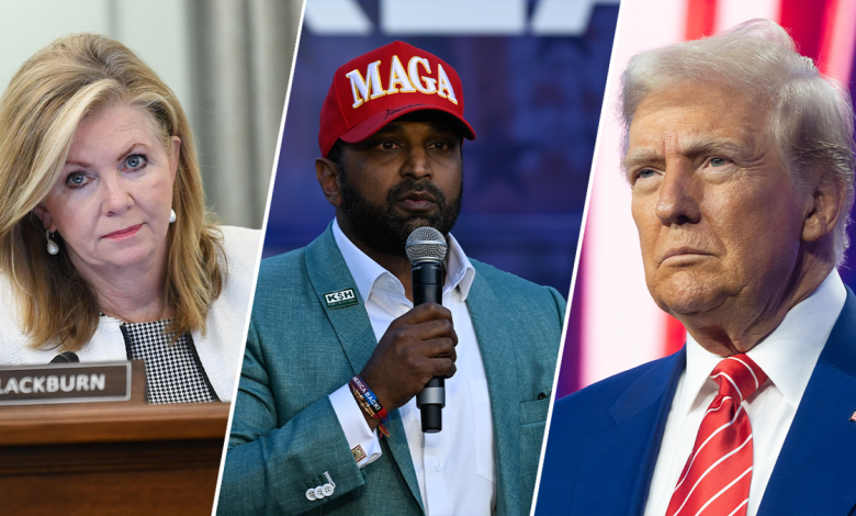 Kash Patel, center, with Sen. Blackburn, left, and President-elect Trump right