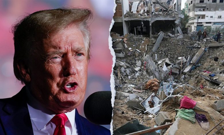 Donald Trump looks to the right next to a photo of rubble in Gaza.