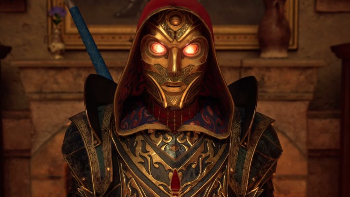 A masked figure in Avowed. The mask looks like it's made of gold, it has glowing red eyes, and there's a hood over its head.