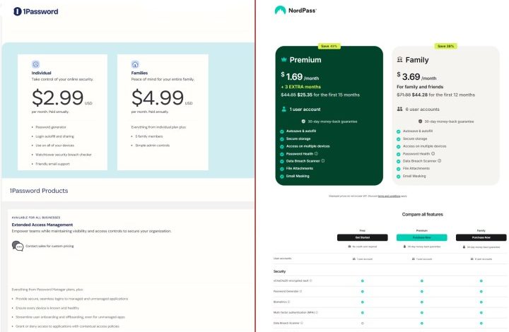 1Password and NordPass prices appear side-by-side in a split-screen.