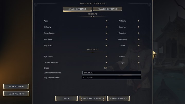 The advanced options menu in Civilization 7.