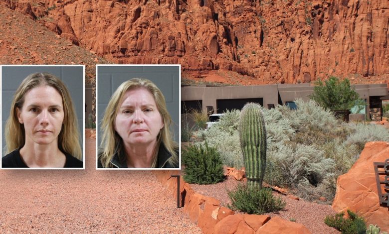 Jodi Hildebrant's and Ruby Franke's mugshots above a photo of Hildebrantd's Ivins, Utah, home