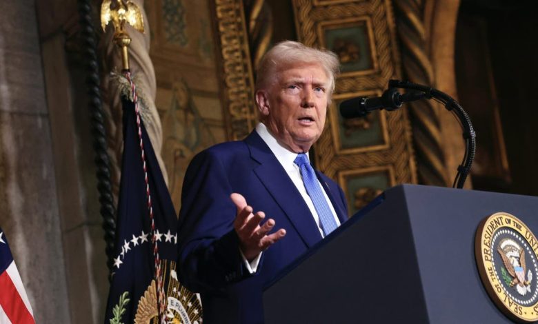 President Donald Trump speaks at Mar-a-Lago in Palm Beach, Florida, on Tuesday, Feb. 18, 2025.