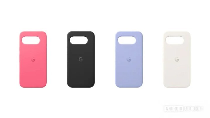 Four phone cases showing the potential colors of the Pixel 9a.