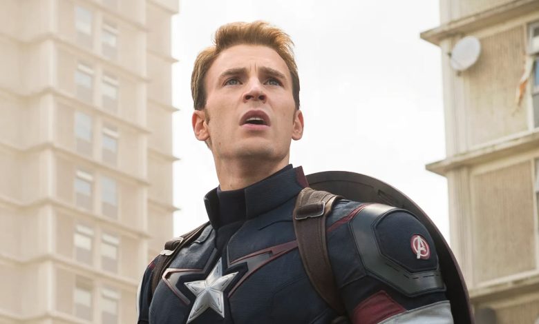 Chris Evans looks into the distance heroically in a still from the movie The Avengers.