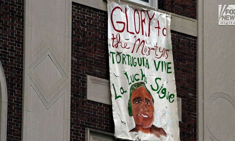 Anti-Israel protestors hang signs from Columbia University in New York City