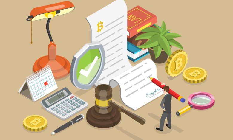 A lamp, a calculator, Bitcoin, a legal textbook, and a gavel to represent legal uncertainty in the crypto sphere.