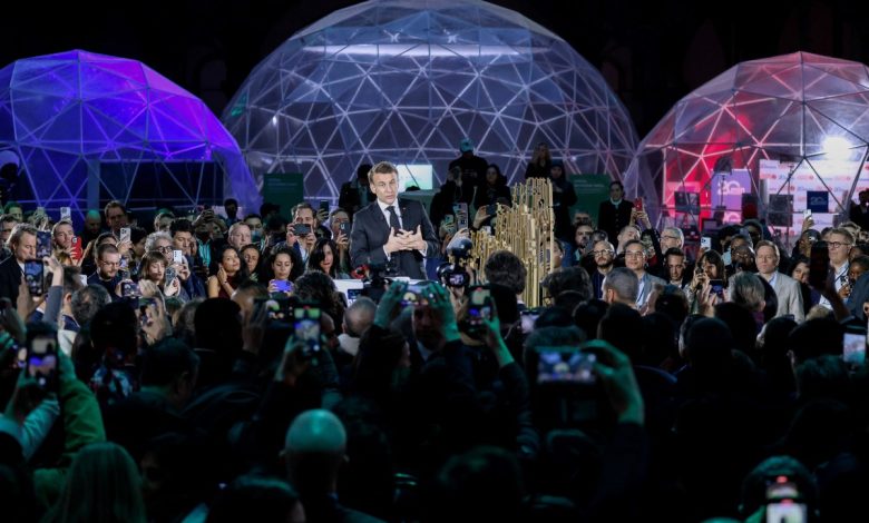 TOPSHOT - France's President Emmanuel Macron (C) delivers a speech during a closing event for the first day of the Artificial Intelligence (AI) Action Summit, at the Grand Palais, in Paris, on February 10, 2025. (Photo by Ludovic MARIN / AFP) (Photo by LUDOVIC MARIN/AFP via Getty Images)