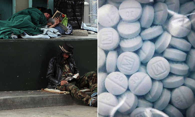 homeless individuals, left; fentanyl pills, right