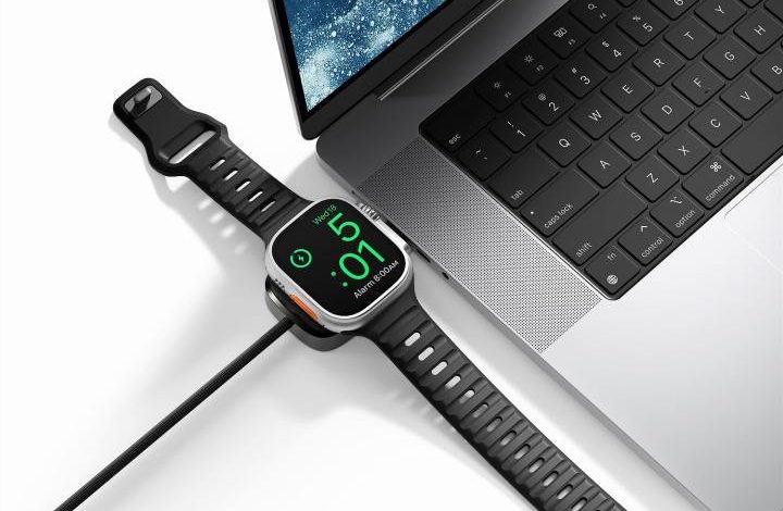 The Nomad Universal Cable for Apple Watch being used to charge Apple devices.