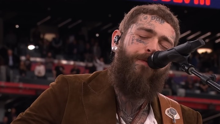 Post Malone singing "America the Beautiful" at Super Bowl LVIII in 2024.