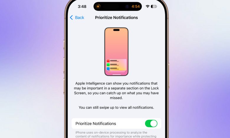 Priority Notifications setup on an iPhone