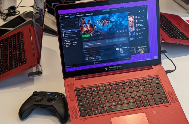 A reference Snapdragon X Elite Laptop running Steam