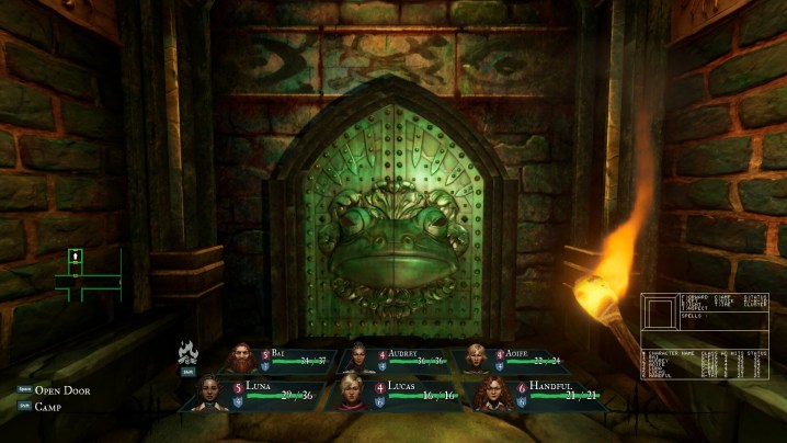 A green door with a frog face blocks the path in Wizardry: Proving Grounds of the Mad Overlord.