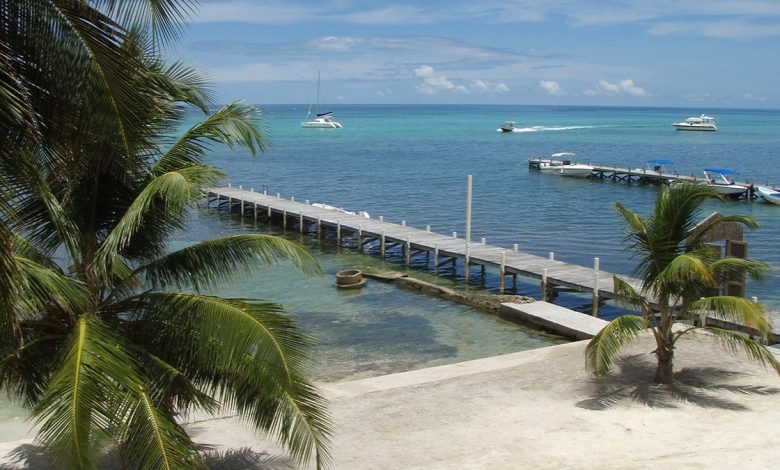 Beautiful Caribbean San Pedro beach boats Belize palm trees