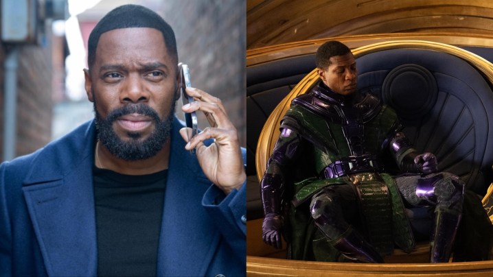 Colman Domingo holds a phone to his ear, and Jonathan Majors sits on a throne.