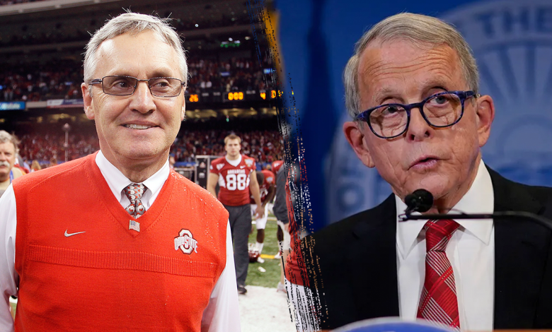 Ohio State football coach Jim Tressel, Left, and Ohio Gov. Mike DeWine. right 