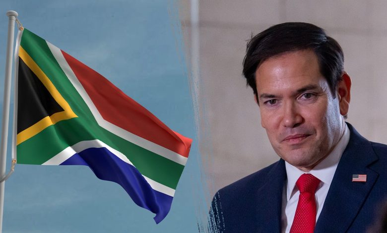 Split image of South African flag, Rubio