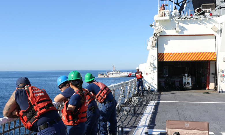 U.S. Coast Guard Cutter Waesche (WMSL-751) and U.S. Coast Guard Cutter Forrest Rednour (WPC-1129) conduct a towing evolution on December 7, 2024. Waesche makes its approach to pass the tow line over to Forrest Rednour to initiate the tow.