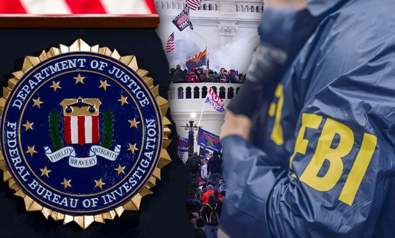 The FBI logo, U.S. Capitol riot, and jacket of a U.S. FBI agent are seen in this group of photos from AP Images. (Photo credit AP Images/Emma Woodhead, Fox News Digital)