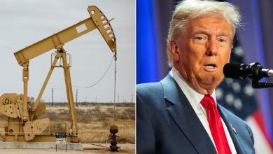 An oil rig split image with Donald Trump on the right