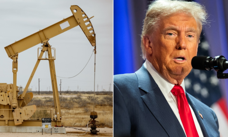 An oil rig split image with Donald Trump on the right