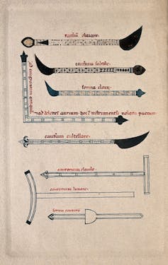 Watercolor diagram of various implements resembling scalpels