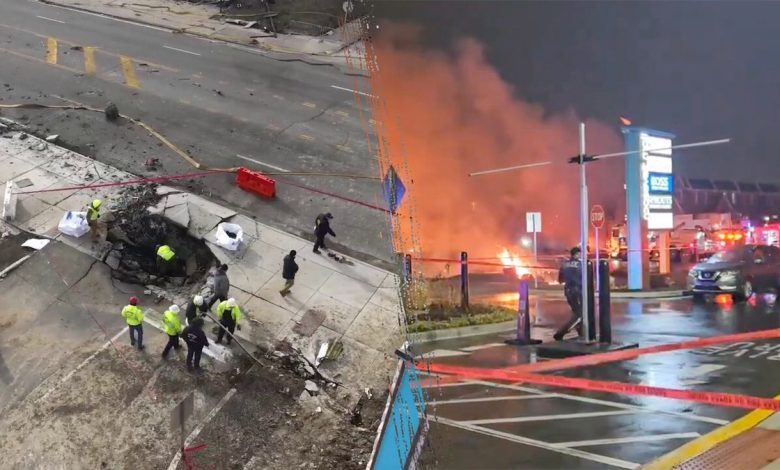 Split image of recovery site, flames at scene