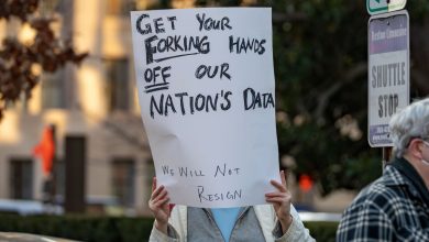 a photo of a protesters in Washington DC with a sign that says "GET YOUR FORKING HANDS OFF OUR NATION'S DATA"