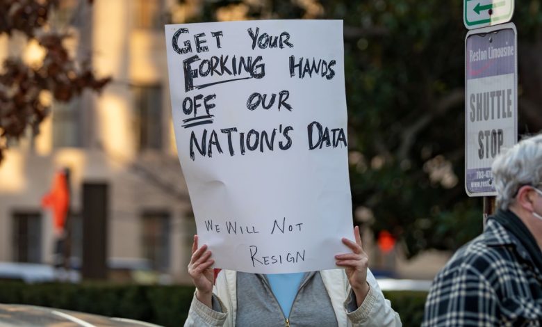 a photo of a protesters in Washington DC with a sign that says "GET YOUR FORKING HANDS OFF OUR NATION'S DATA"