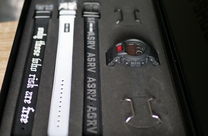 The G-Shock x ASRV DW-6900 with accessories in its box.