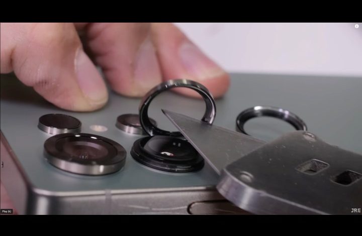 A still from a video showing the Galaxy S25 Ultra's camera rings are not part of the phone's rear panel.