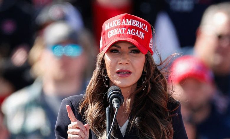 South Dakota Governor Kristi Noem speaks before former US President and Republican presidential candidate Donald Trump takes the stage during a Buckeye Values PAC Rally in Vandalia, Ohio, on March 16, 2024. (Photo by KAMIL KRZACZYNSKI / AFP) (Photo by KAMIL KRZACZYNSKI/AFP via Getty Images)